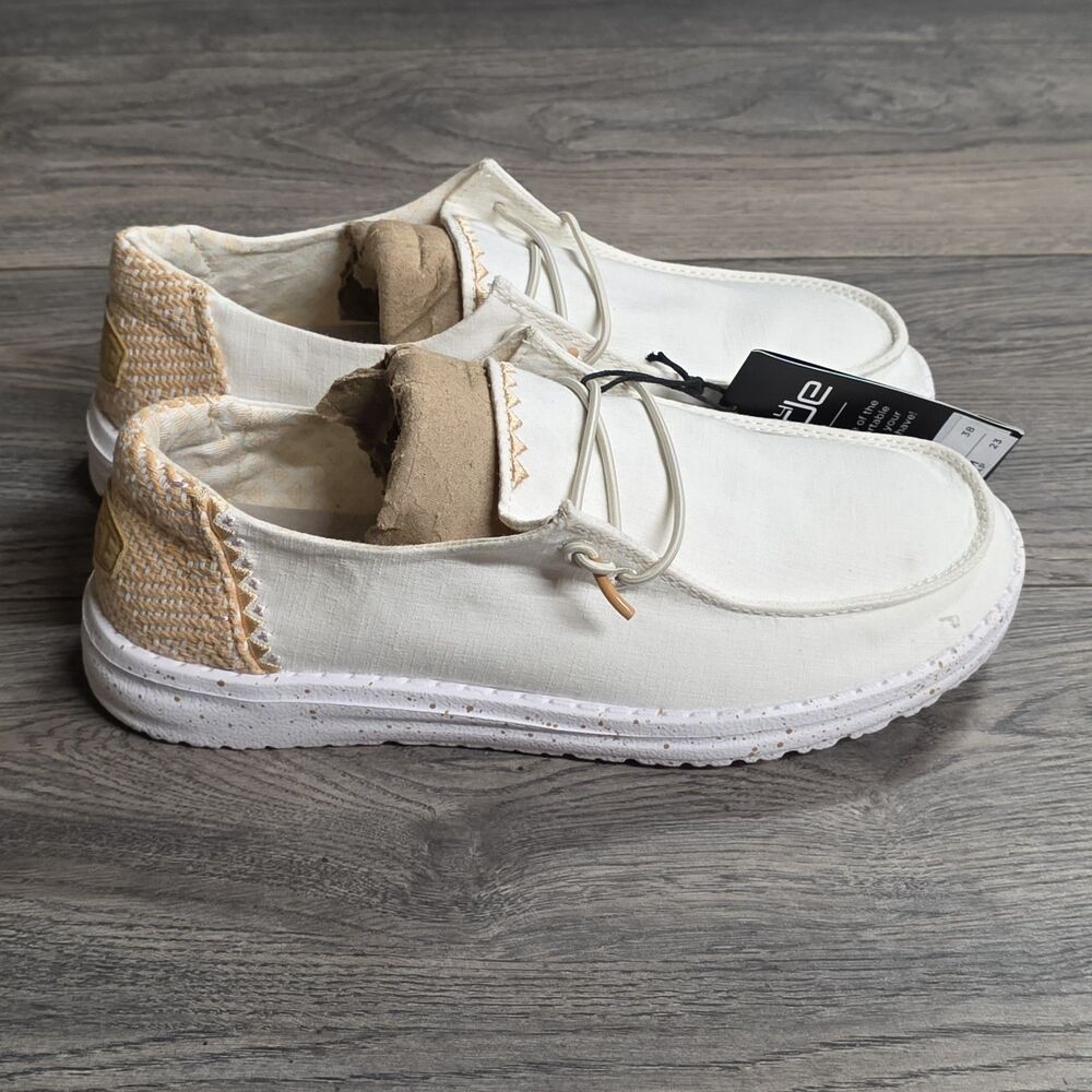 Hey Dude Shoes Womens 7 Tan Wendy Chambray Woven Slip On Loafers Casual NEW